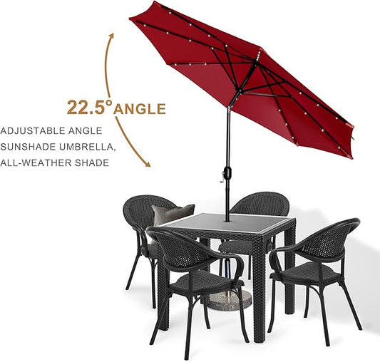 9FT LED Patio Umbrella, Solar Outdoor Umbrellas with LED Lights, Deck Umbrella with Push Button Tilt and Crank, UV Protection Waterproof for Pool, Porch, Garden, Deck, Backyard. (Red)