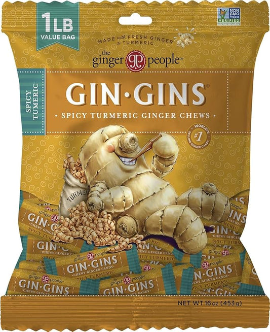Gin GINS Spicy Turmeric Chewy Ginger Candy by The Ginger People – Anti-Nausea and Digestion Aid, Individually Wrapped Healthy Candy - Spicy Turmeric and Ginger Flavor, Large 1 lb Bag (16oz) - Pack of