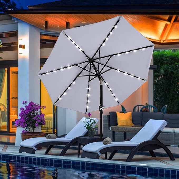 ABCCANOPY Durable Solar Led Patio Umbrellas with 24LED Lights 7.5FT (Light Gray)