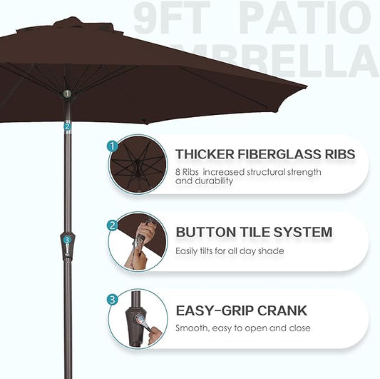 PatioKingdom 9FT Patio Outdoor Umbrella-UPF 50+ Sun Shade with Wind Vent, Push-Button Tilt & Smooth Crank Lift, Rust-Resistant Fiberglass Frame for Garden, Backyard,Yard