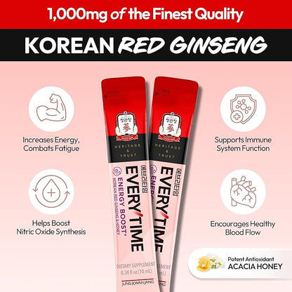 Everytime Energy Boost Korean Red Ginseng Extract 1,000mg & Honey - Vegan Ginseng Energy Drink Liquid Stick Supplements - Builds Stamina & Immunity No Caffeine (10 Sticks, 0.34 fl oz)