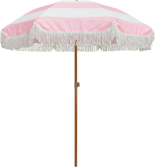 AMMSUN 7ft Patio Umbrella with Fringe Outdoor Tassel Umbrella UPF50+ Premium Steel Pole and Ribs Push Button Tilt, Riviera Pink Stripe