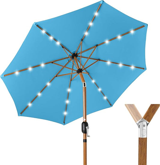 Best Choice Products 10ft Solar Market Patio Umbrella w/Woodgrain Pattern Pole, LED Lights, Tilt & Crank – Outdoor Sun Shade for Backyard Table, Deck, Poolside – Sky Blue