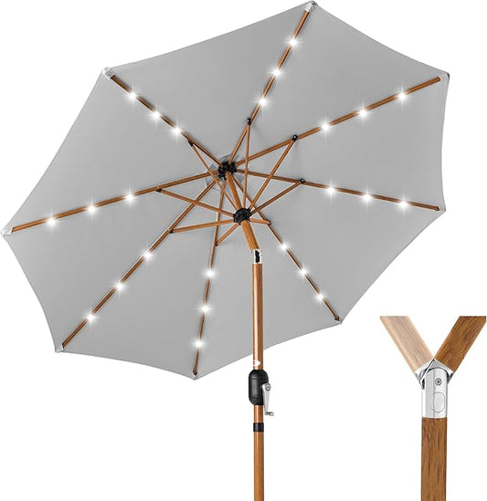 Best Choice Products 10ft Solar Market Patio Umbrella w/Woodgrain Pattern Pole, LED Lights, Tilt & Crank – Outdoor Sun Shade for Backyard Table, Deck, Poolside – Fog Gray