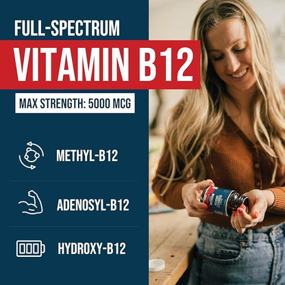 BioActive Vitamin B12 - 5000 mcg, Contains 3 BioActive Forms B12 Plus Methylfolate Cofactor - Methyl B12, Adenosyl B12 & Hydroxy B12 | Supports Energy, Metabolism & Mood | Vegan, Non-GMO (60 Servings)