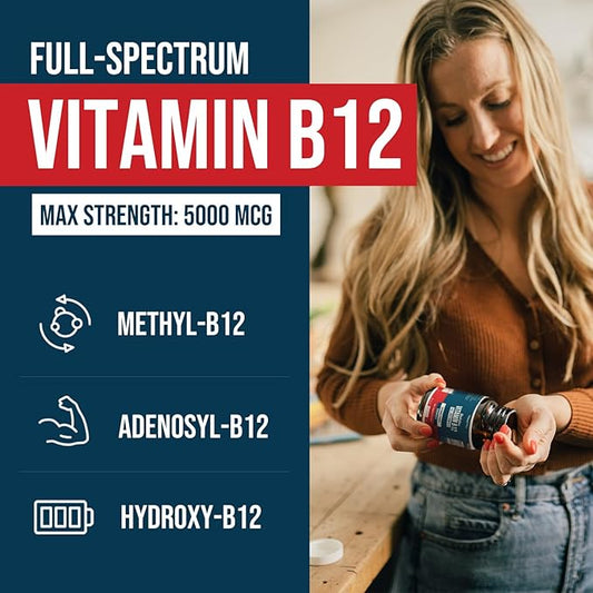 BioActive Vitamin B12 - 5000 mcg, Contains 3 BioActive Forms B12 Plus Methylfolate Cofactor - Methyl B12, Adenosyl B12 & Hydroxy B12 | Supports Energy, Metabolism & Mood | Vegan, Non-GMO (60 Servings)