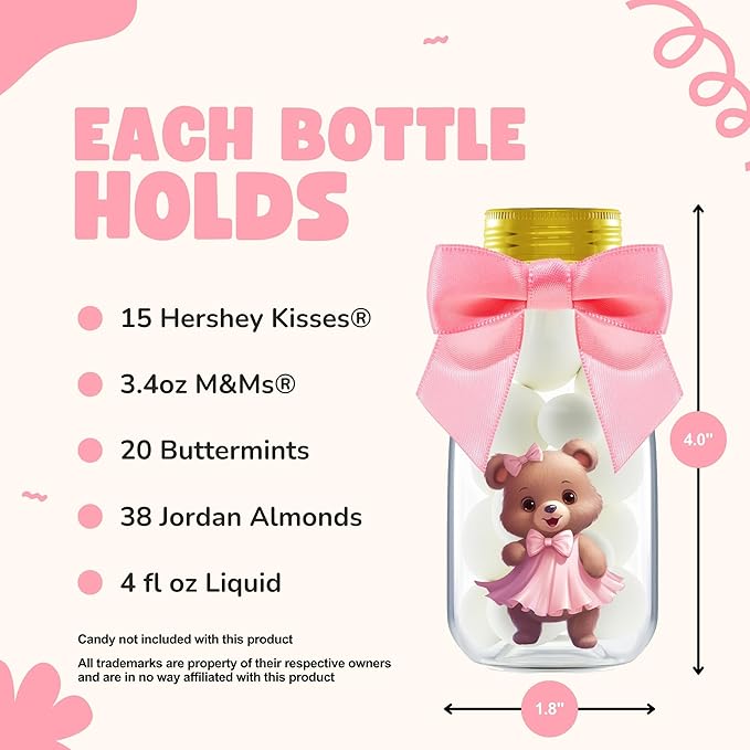 Small 12 Pack We Can Bearly Wait Party Favors for Girl - Candy Jars with Ribbon and Stickers - DIY Party Decoration Bottles for Baby Shower and Gender Reveal - Pink Teddy Bear Table Centerpiece