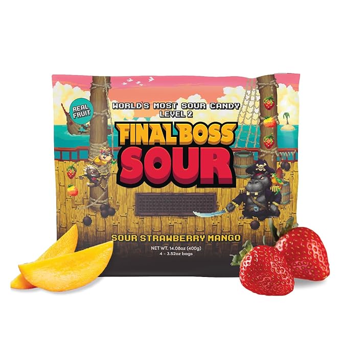 Final Boss Sour Candy, Extremely Super Sour Gummy Candy, Strawberry and Mango, LvL 2 (3.52 Ounce Bag, 1 Bag) - Gummies Made with Dried Fruit, Free of Artificial Colors, Healthy Snack for Kids & Adults