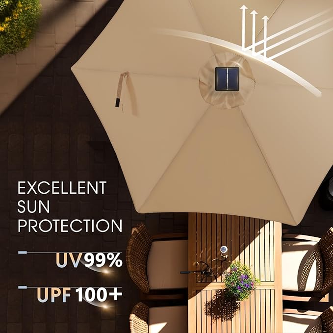 wikiwiki 7.5ft Solar Led Patio Umbrella, Sturdy Outdoor Market Umbrella for Deck, Pool, Garden w/Tilt, Crank, 18 LED Lights, Tan