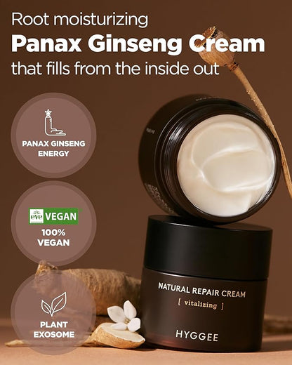Natural Repair Cream - Vegan Red Ginseng & Peptides Nourishing Moisturizer for Enhanced Elasticity and Vitality - Anti Aging, Firming, Hydrating Face Cream for Rough and Dry Skin, 1.69oz.