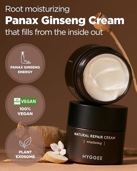 Natural Repair Cream - Vegan Red Ginseng & Peptides Nourishing Moisturizer for Enhanced Elasticity and Vitality - Anti Aging, Firming, Hydrating Face Cream for Rough and Dry Skin, 1.69oz.