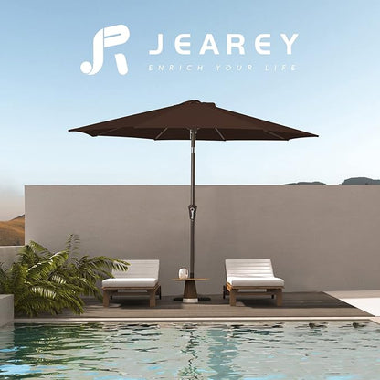 JEAREY 9FT Outdoor Patio Umbrella Outdoor Table Umbrella with Push Button Tilt and Crank, Market Umbrella 8 Sturdy Ribs UV Protection Waterproof for Garden, Deck, Backyard, Pool (Brown)