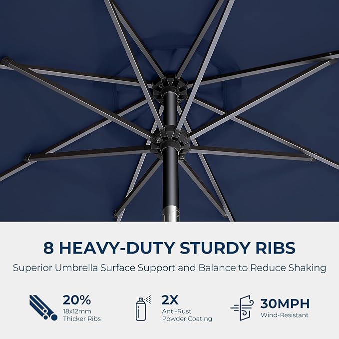 9ft Outdoor Patio Umbrella - Market Table Pool Deck Umbrella UPF50+ UV Protection with Push Button Tilt, Crank and 8 Sturdy Ribs (Navy Blue, No base)