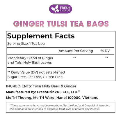 FreshDrinkUS, Premium 75 Ginger Tulsi Tea Bags, 100% Natural, Hand-made Blend of Ginger and Tulsi Holy Basil Leaves, Eco-conscious Tea Bags. Ginger Tulsi Herbal Tea. No Sugar, No Caffeine, Vegan.