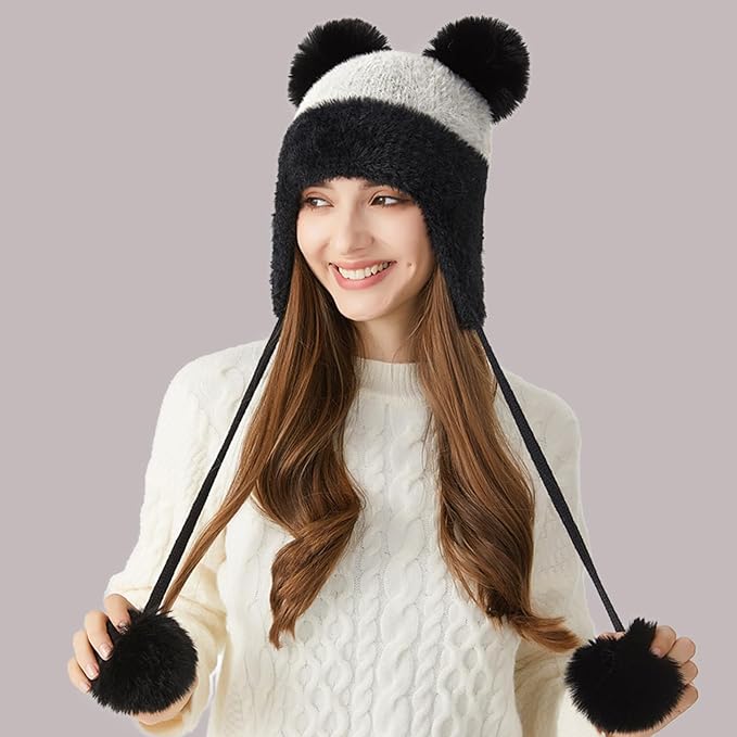 DOCILA Winter Beanie Hat for Women Warm Fleece Lined Pom Knit Earflap Hats Cute Outdoor Snow Ski Skull Cap