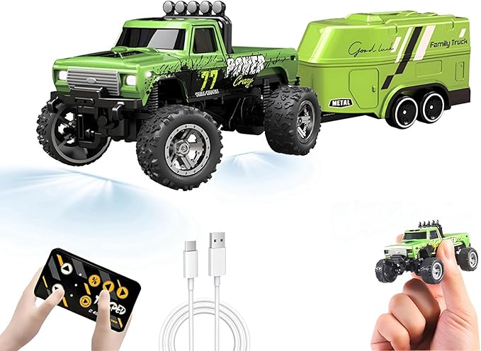 Mini RC Car, 1/64 Scale Mini Remote Control Monster Truck with Trailer, 2.4Ghz & APP Remote Control, Rechargeable Alloy Shell Mini RC Cars with Lights, Speed/Steering Adjustable (Green)