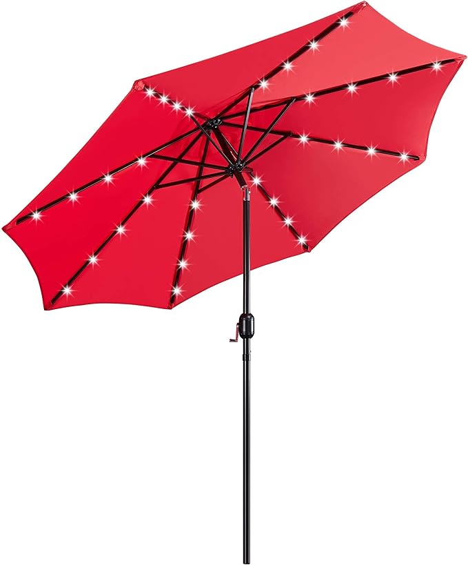 Yaheetech 9FT Solar Powered Patio Umbrella - UV Protection Market Table Umbrella w/ 32 LED Lights & Push Button Tilt & Crank Lift System for Garden/Lawn/Deck/Backyard/Pool,Red