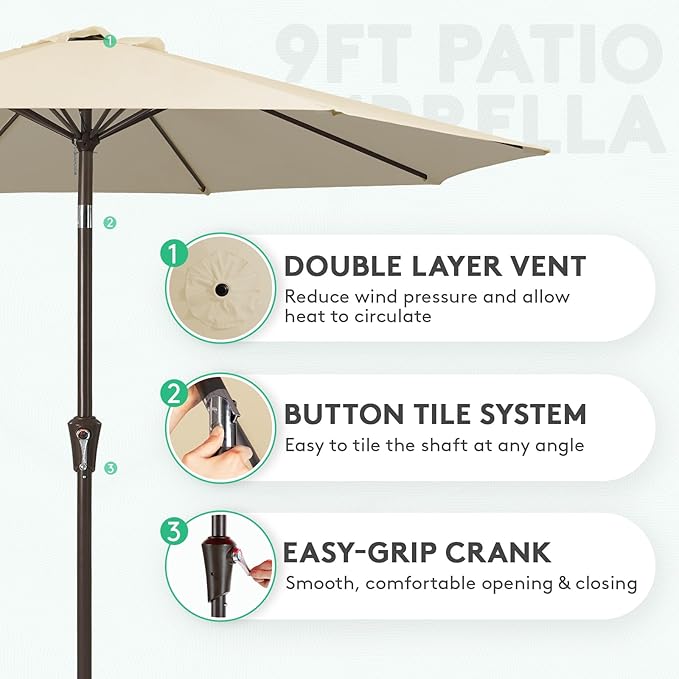 JEAREY 9FT Outdoor Patio Umbrella Outdoor Table Umbrella with Push Button Tilt and Crank, Market Umbrella 8 Sturdy Ribs UV Protection Waterproof for Garden, Deck, Backyard, Pool (Ochre)