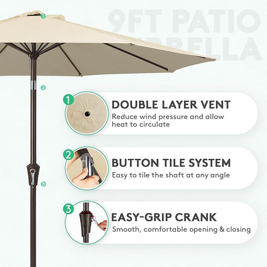 JEAREY 9FT Outdoor Patio Umbrella Outdoor Table Umbrella with Push Button Tilt and Crank, Market Umbrella 8 Sturdy Ribs UV Protection Waterproof for Garden, Deck, Backyard, Pool (Ochre)