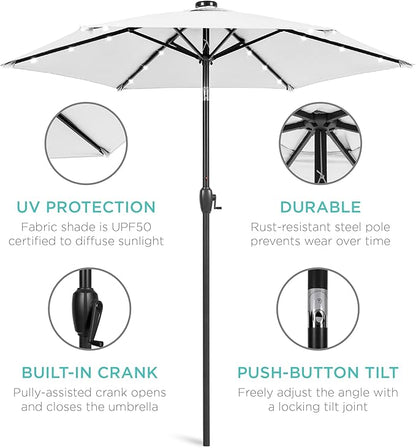 Best Choice Products 7.5ft Outdoor Solar Market Table Patio Umbrella for Deck, Pool w/Tilt, Crank, LED Lights - Bright White