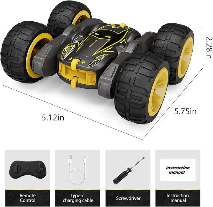 Tecnock Remote Control Car for Kids, 2.4GHz RC Car with USB-C Easy Charging, 4WD Double Sided 360° Rotates and Flips RC Stunt Car, Toys Gift for Boys and Girls