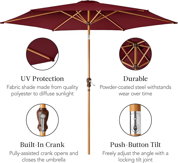 Best Choice Products 10ft Market Umbrella, Outdoor Sun Shade for Backyard, Deck, Poolside, Table w/Woodgrain Pattern, Easy Tilt & Crank - Burgundy