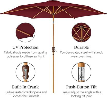 Best Choice Products 10ft Market Umbrella, Outdoor Sun Shade for Backyard, Deck, Poolside, Table w/Woodgrain Pattern, Easy Tilt & Crank - Burgundy