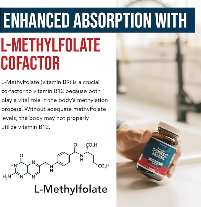 BioActive Vitamin B12 - 5000 mcg, Contains 3 BioActive Forms B12 Plus Methylfolate Cofactor - Methyl B12, Adenosyl B12 & Hydroxy B12 | Supports Energy, Metabolism & Mood | Vegan, Non-GMO (60 Servings)