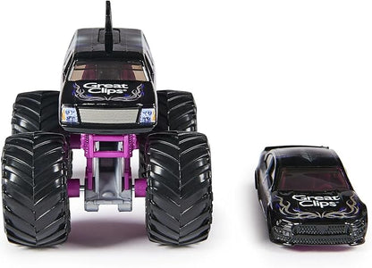Monster Jam Official 1:64 Scale Diecast 2-Pack Monster Truck and Race Car Series 4 Mohawk Warrior, Purple