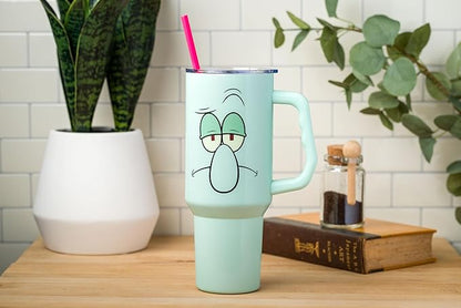 Silver Buffalo SpongeBob SquarePants Stainless Steel Tumbler with Handle Featuring Squidward, Fits in Standard Cup Holder, 40 Ounces