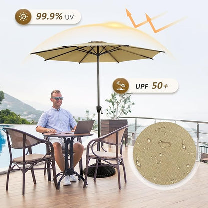 Abba Patio 9FT Lyon Outdoor Patio Umbrella Outdoor Table Umbrella with Push Button Tilt and Crank Market Umbrella 8 Sturdy Ribs UV Protection Waterproof for Garden Deck Backyard Pool Tan