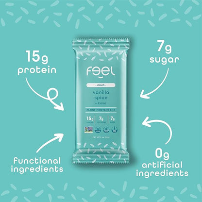 Feel Vegan Protein Bars | Vanilla Spice | Keto | Gluten Free | Organic | Kava | 15g Protein | Low Carb | Dairy Free | Grain Free | Soy Free | Nut Free | Low Sugar | Non GMO - 10 Pack