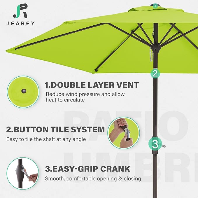 JEAREY 7.5FT Patio Umbrella Market Table Umbrella with 6 Sturdy Ribs, Push Button Tilt/Crank Outdoor Umbrella for Garden, Deck, Backyard, Pool and Beach,Apple Green