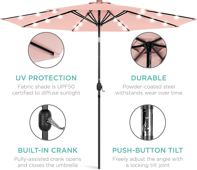 Best Choice Products 10ft Solar Polyester LED Lighted Patio Umbrella w/Tilt Adjustment and UV-Resistant Fabric - Rose Quartz