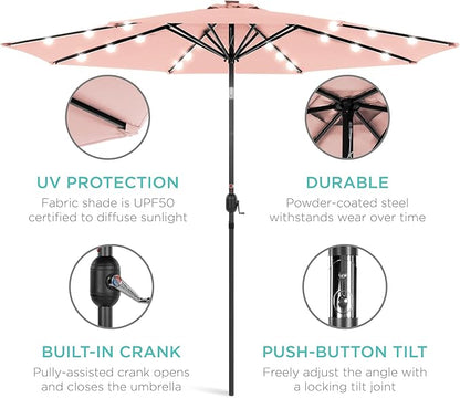 Best Choice Products 10ft Solar Polyester LED Lighted Patio Umbrella w/Tilt Adjustment and UV-Resistant Fabric - Rose Quartz