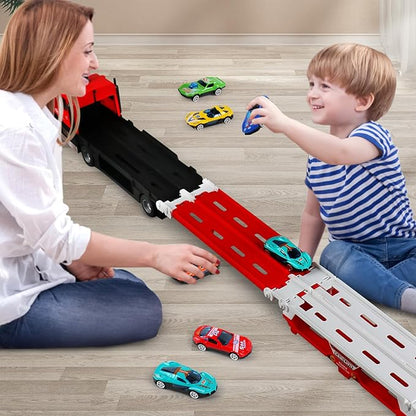 Carrier Truck Race Track Kids Toys, 4.6-FT Foldable Hauler Track Ejection Car Police Trucks Toy and 6 Racing Car with Light&Sounds, Truck Toy Child Xmas Gifts for 3+ Year Old Boys Girls-Red