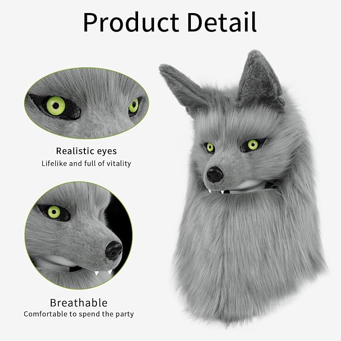 Furry Head Mask Animal Wolf Dog Plush Faux Fur Masks for Halloween Masquerade Cosplay Costume Props