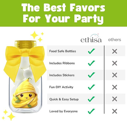 Small 12 Pack Lemon Party Favors - DIY Candy Jars with Ribbons and Stickers - Party Decoration Bottles for Wedding, Birthday, Classroom, and Baby Shower - Lemon Table Centerpiece for Kids