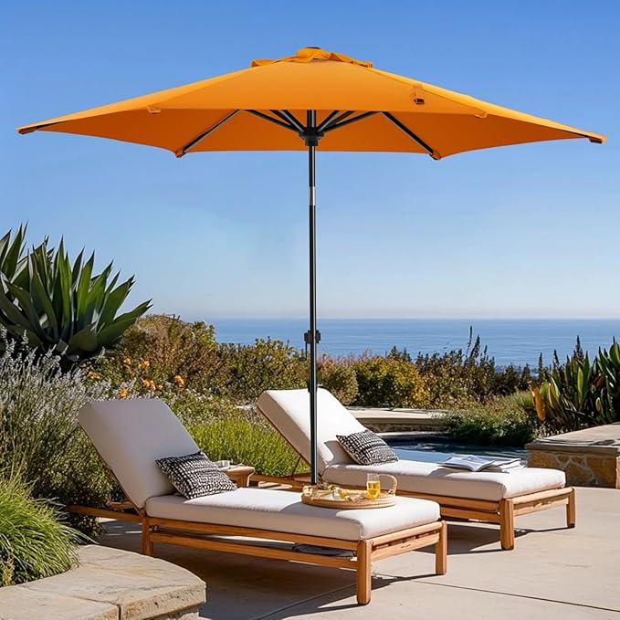 wikiwiki 7.5 FT Patio Umbrellas Outdoor Table Market Umbrella with Push Button Tilt/Crank, 6 Sturdy Ribs, Fade Resistant Waterproof POLYESTER DTY Canopy for Garden, Lawn, Deck, Backyard & Pool, Orange