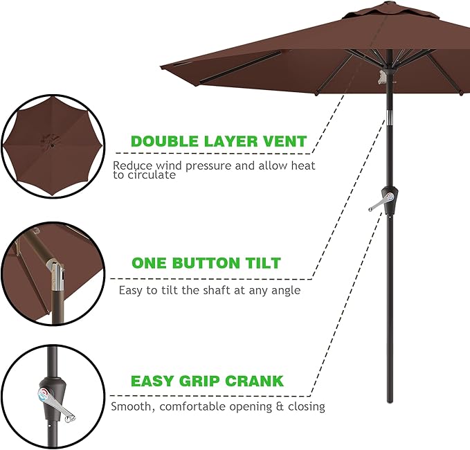 9 FT Patio Umbrella for Outdoor, Outdoor Umbrella with Push Button Tilt and Crank, Outdoor Patio Umbrellas with 8 Sturdy Ribs for Market, Garden, Deck, Backyard, Pool (Brown)