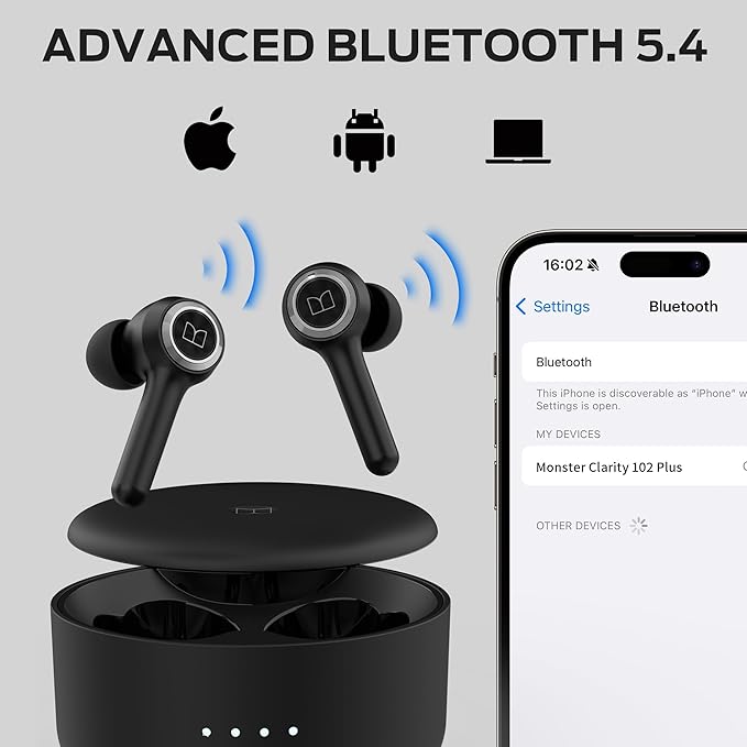 Monster Clarity 102 Plus Wireless Earbuds, Bluetooth Headphones with HiFi Stereo, 4 ENC Mic for Crystal Clear Call, 30H Playtime, Type-C Charging, IPX6 Waterproof in-Ear Ear Buds for Sports (Grey)