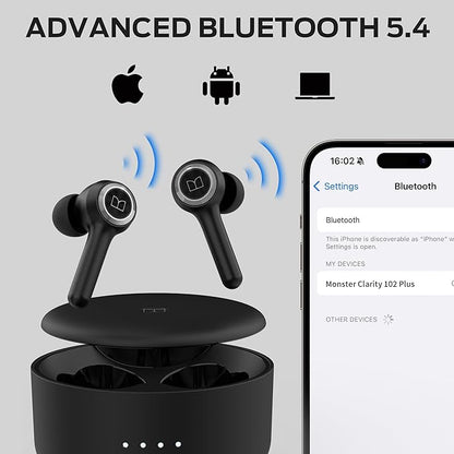 Monster Clarity 102 Plus Wireless Earbuds, Bluetooth Headphones with HiFi Stereo, 4 ENC Mic for Crystal Clear Call, 30H Playtime, Type-C Charging, IPX6 Waterproof in-Ear Ear Buds for Sports (Grey)