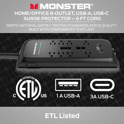 Monster Black Heavy Duty Surge Protector Power Strip 6 ft Cord with 8 120V-Outlet Extension, 2 Ethernet Switch Ports, 4050J Rating, 1 USB-A, and 1 USB-C Charging Ports – Ideal for Computers and Office