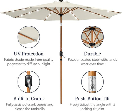 Best Choice Products 10ft Solar Market Patio Umbrella w/Woodgrain Pattern Pole, LED Lights, Tilt & Crank – Outdoor Sun Shade for Backyard Table, Deck, Poolside – Ivory