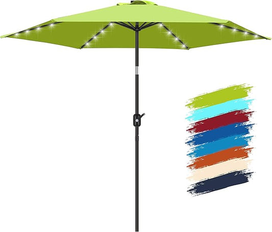 FRUITEAM Solar LED Lighted Patio Umbrella, 24 Lights Outdoor Table Umbrella w/Easy Tilt Adjustment, Straight-pole Umbrella Adjustment and Crank Lift System for Market, Garden, Deck, Pool (Lime Green)