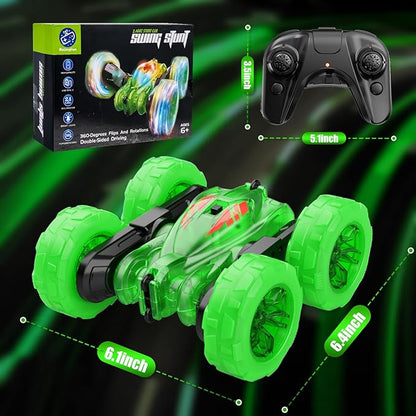 Remote Control Car-Rechargeable Fast Direct Charging RC Cars For Kids with Colorful Light,Double-Sided 360° Rotating RC Stunt Car 4WD RC Truck Car Toys for Ages 5-7 Gift for Boys Girls Aged 8-12 Green
