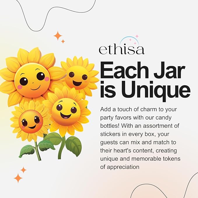 Small 12 Pack Sunflower Party Favors - DIY Candy Jars with Ribbons and Stickers - Party Decoration Bottles for Birthday, School Classroom, Baby Shower, Bridal Shower, and Wedding - Sun Flower