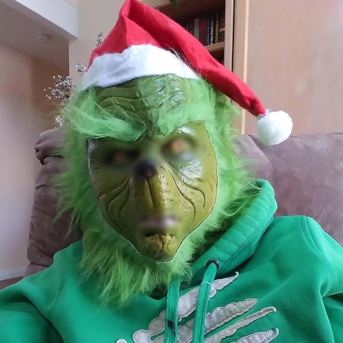 Green Monster Mask Halloween Costume Cosplay Mask Green Latex Scary Full Head Mask Santa Hat Party Prop Christmas Decorations