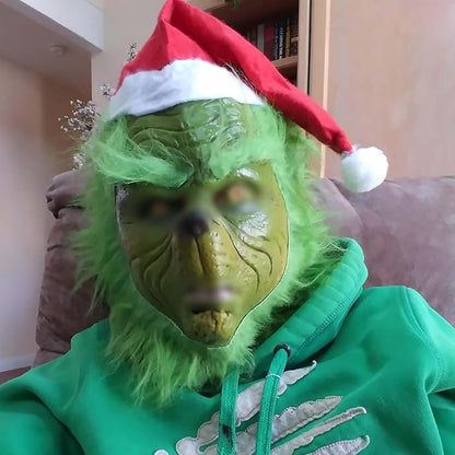 Green Monster Mask Halloween Costume Cosplay Mask Green Latex Scary Full Head Mask Santa Hat Party Prop Christmas Decorations