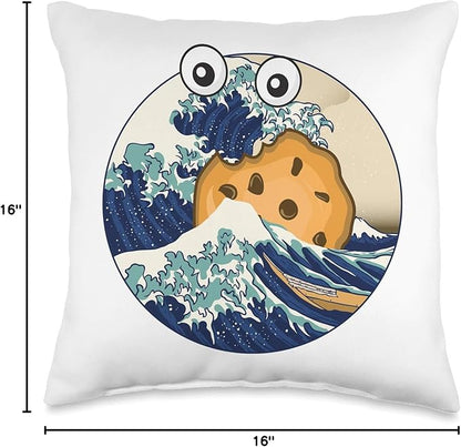 Funy Kanagawa Great Wave Monster eating cookie parody Throw Pillow